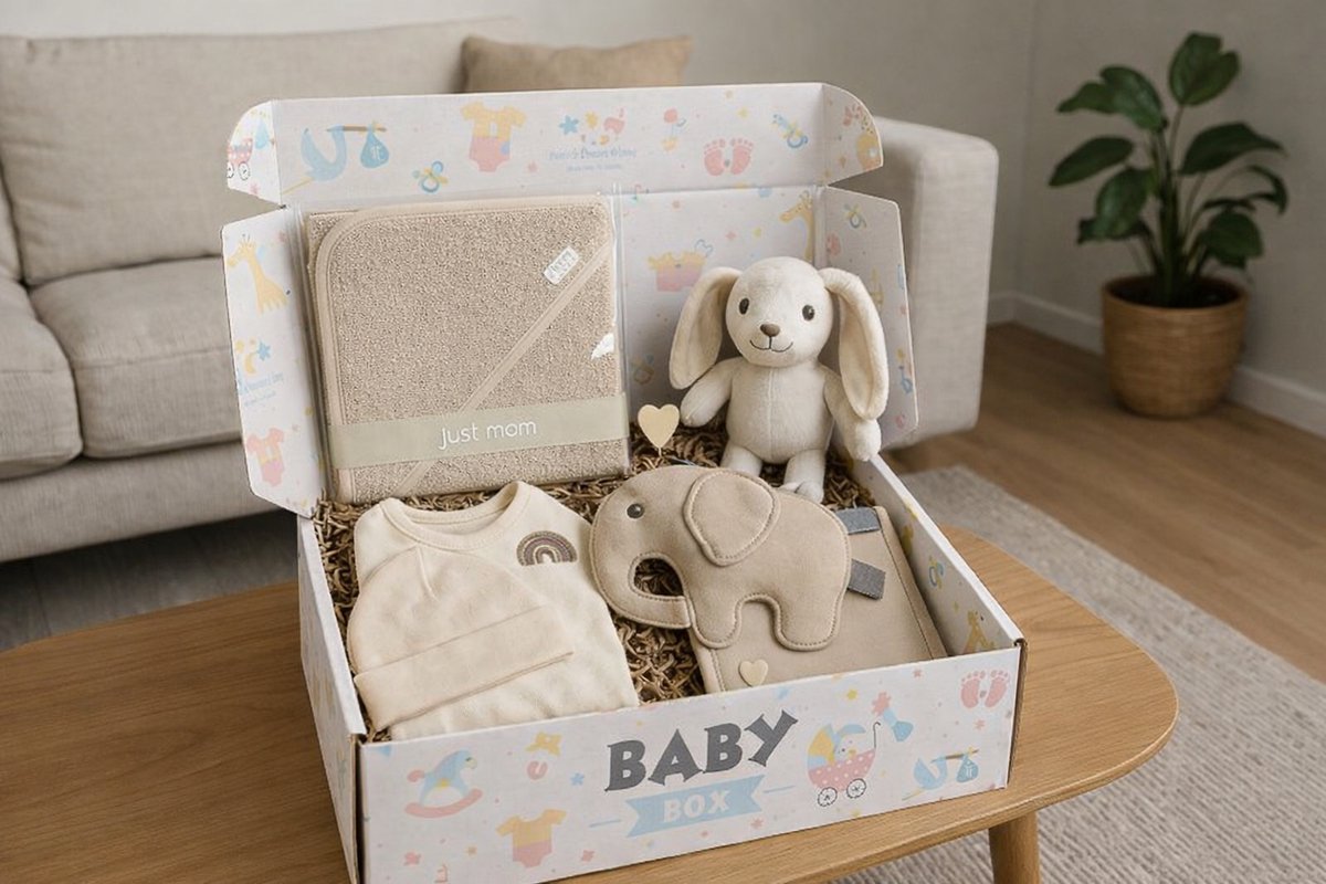 Blijeitje - Kraamcadeau 6-delige Baby – Unisex - Babyshower & Gender Reveal Cadeau Giftset – Badcape, Tutpop, Konijn Rammelaar, Babymutsje, Spuugdoek & Slab met Koordjes Beige