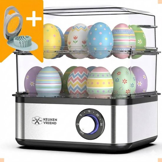 RVS KeukenVriend eierkoker met twee transparante lagen en decoratieve, gekleurde eieren. Inclusief eiersnijder met gele houder.