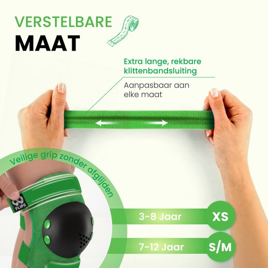 Groene, verstelbare klittenbandsluiting voor beschermers. Past zich aan elke maat aan. Voor leeftijden 3-8 jaar (XS) en 7-12 jaar (S/M).