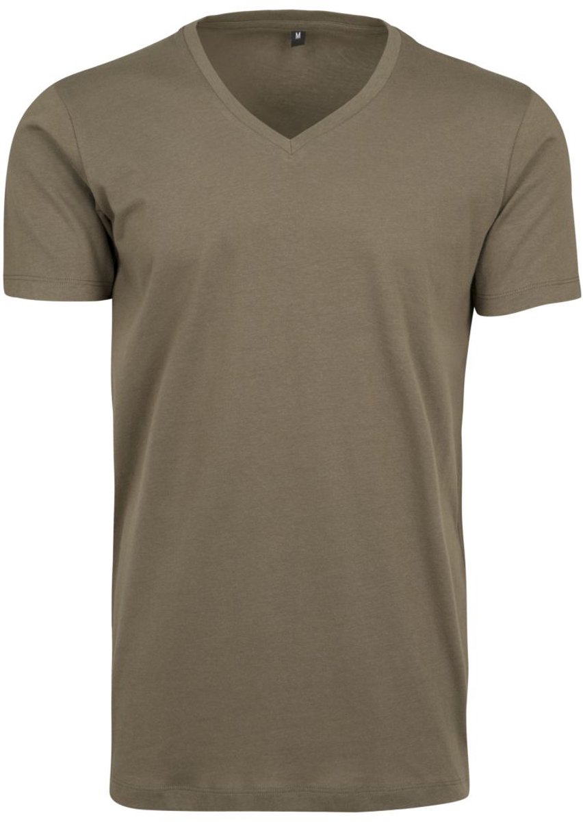 Build Your Brand - Licht T-Shirt met V-Hals - Olive maat L
