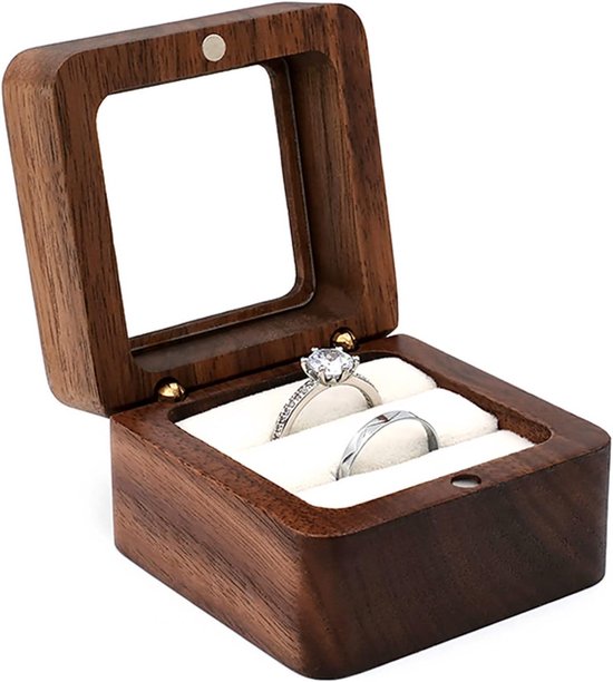 Ringdoos van Hout - Luxe Ring Doosje - Geschenkdoos - Huwelijk - Aanzoek - Sieradendoos - Bruiloft - Oorbellen doosje - Walnoot hout - Ring Box - Juwelendoos met venster - Voor Huwelijk, Verloving of Valentijnsdag - Cadeau voor Vrouw, Vriendin - Wit
