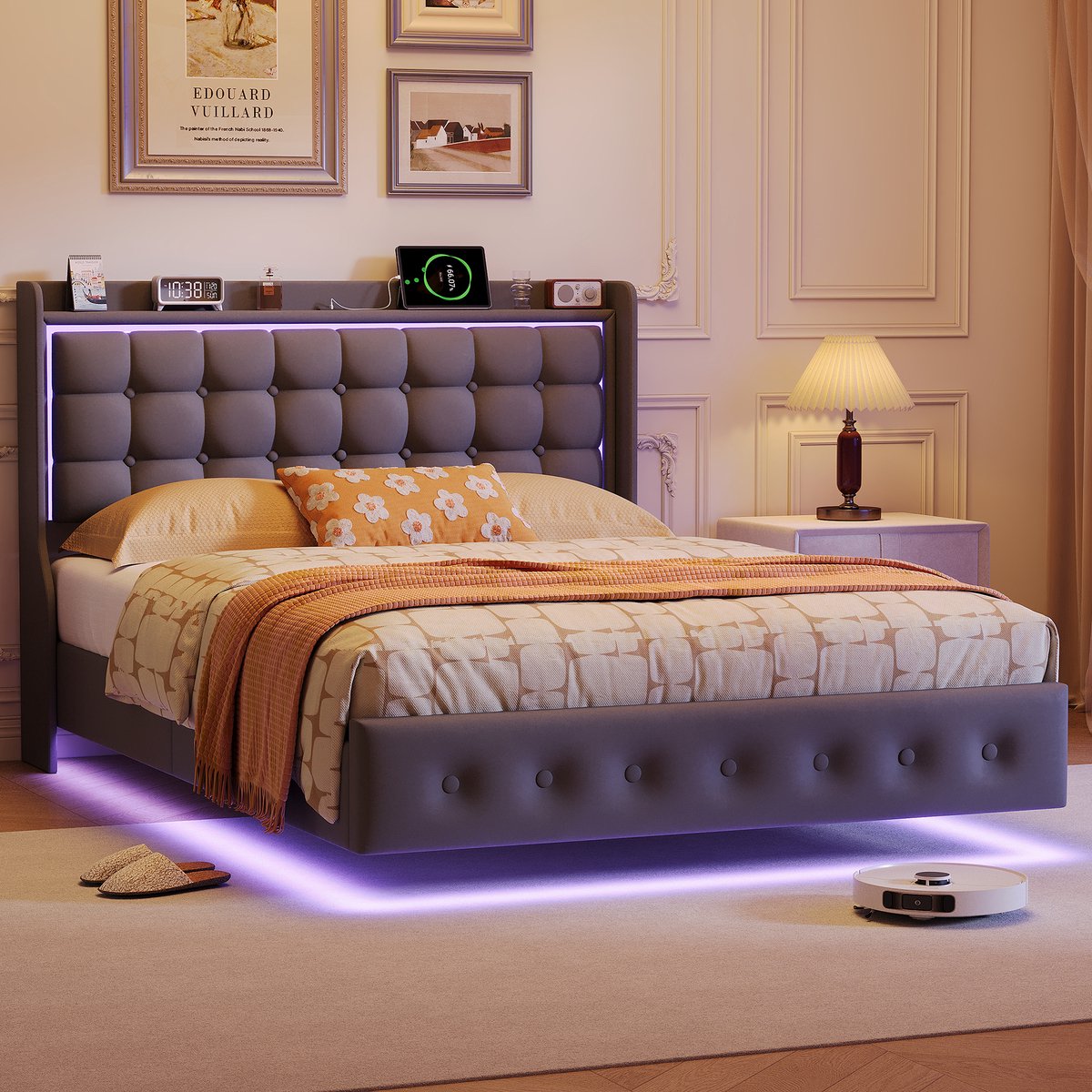 SHOPENTRA Tweepersoonsbed 140x200 cm – Grijs Velours Bed met LED-Verlichting, USB/Type-C Oplaadstation en Hoofdbord met Opbergplank