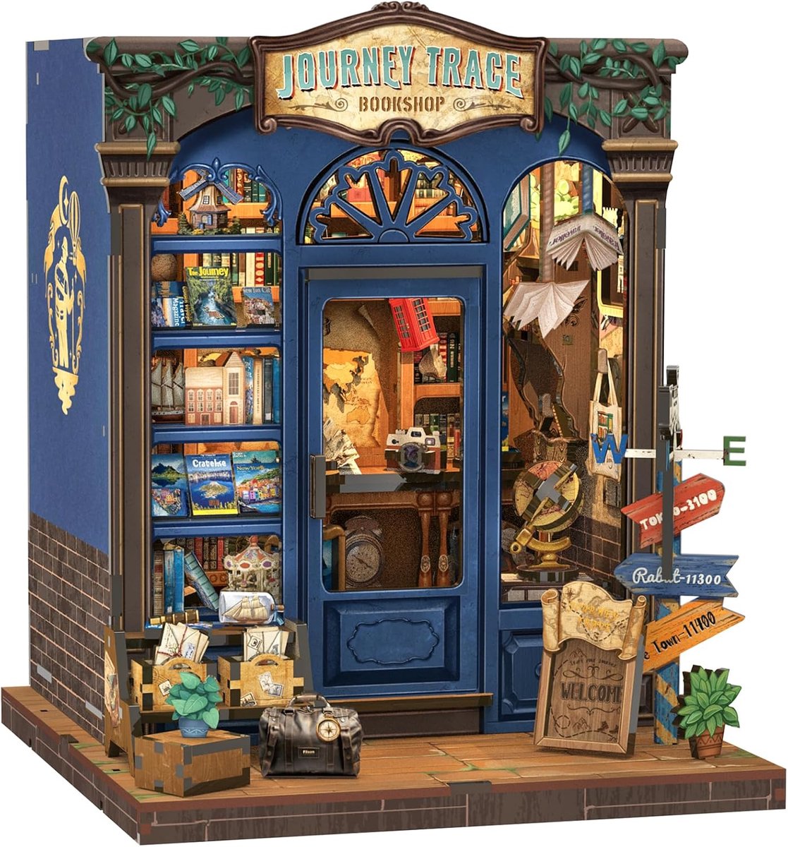 CuteBee CWGC204 Journey Trace Bookshop Book Nook Bouwpakket | Miniatuur theatrale huisjes pakket modelbouw voor volwassenen | Houten 3D Puzzel | Woonkamer decoratie boekensteun | Led lights verlichting ingebouwd | DIY boekenhouder collectie