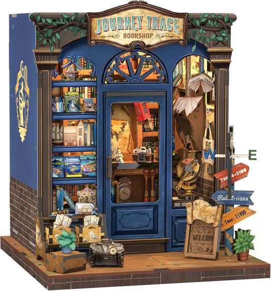 CuteBee CWGC204 Journey Trace Bookshop Book Nook Bouwpakket | Miniatuur theatrale huisjes pakket modelbouw voor volwassenen | Houten 3D Puzzel | Woonkamer decoratie boekensteun | Led lights verlichting ingebouwd | DIY boekenhouder collectie