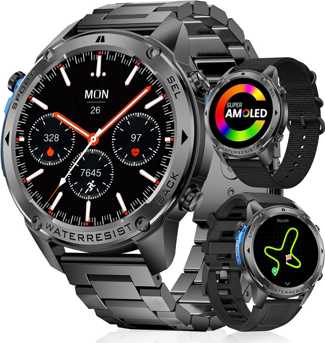 Bol.com Synyq GPS Pro - GPS Smartwatch Heren - 51mm - AMOLED Scherm - 3 Bandjes - 5ATM Waterdicht - Belfunctie - 170+ Sportmodi ... aanbieding