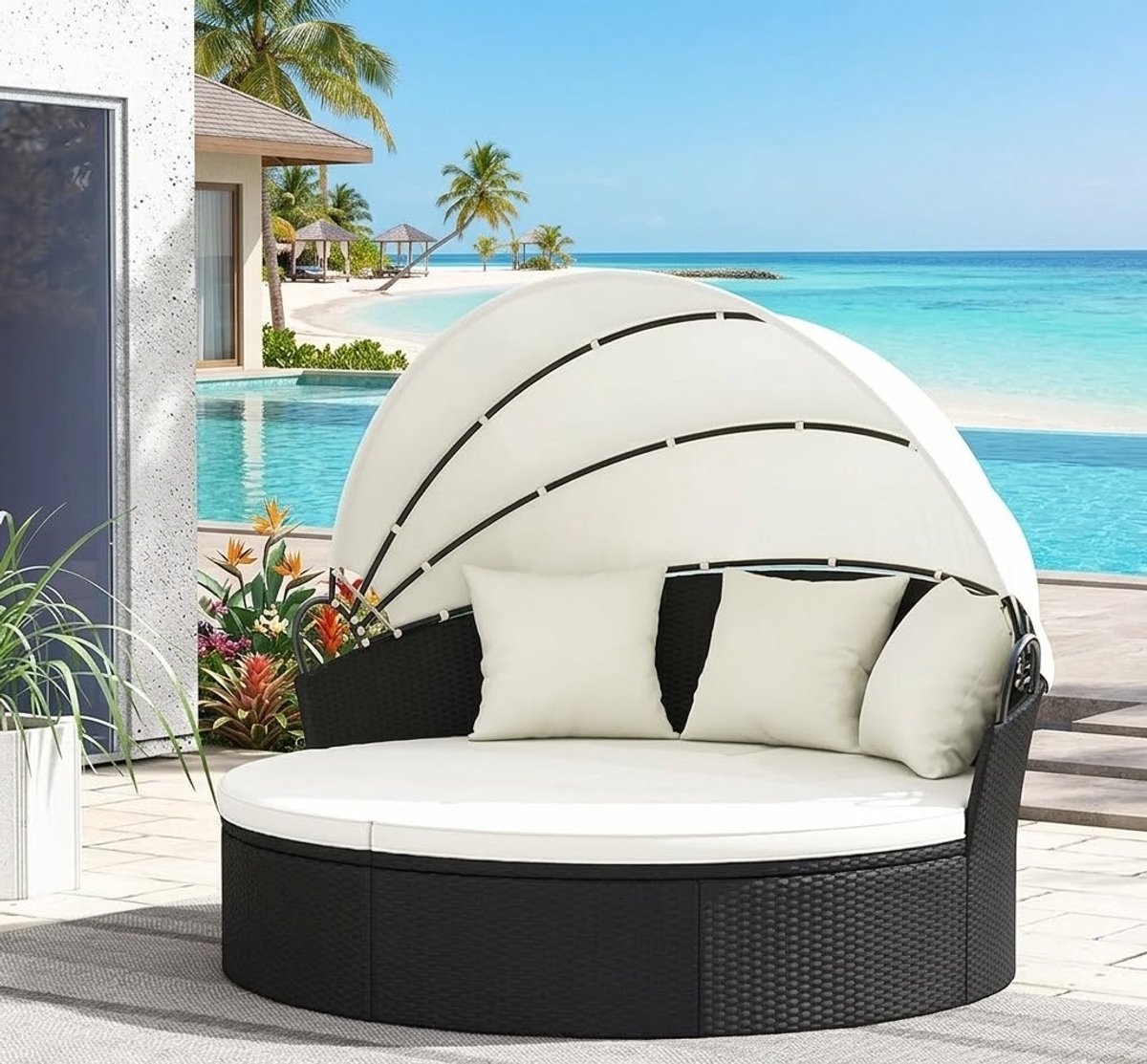 Zonnestrand Lounge Ronde Tuinset met Opklapbaar Zonnescherm – Multifunctionele Rotan Tuinschelp voor 2-3 Personen, 187 cm Diameter