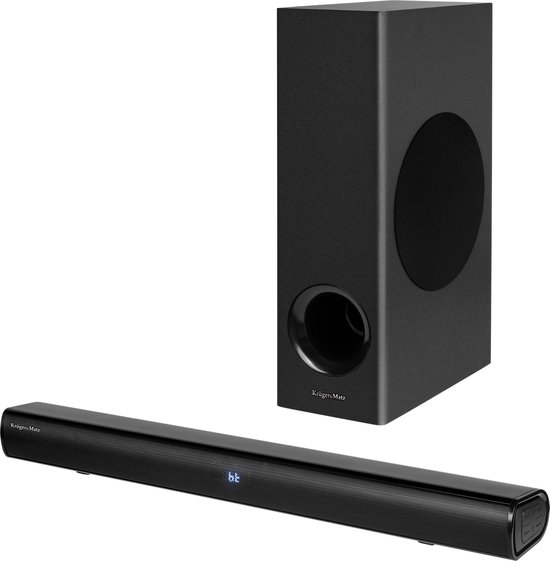 Zwarte soundbar en subwoofer van Krüger&Matz, met 'bt' logo op de soundbar.