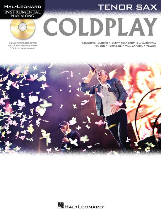 Boekcover met Coldplay-zanger Chris Martin die zingt, met confetti, voor bladmuziek voor tenorsaxofoon.