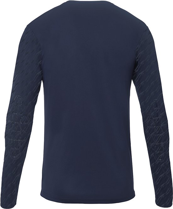Donkerblauw Uhlsport keepersshirt met patronen op de mouwen en ellebogen.