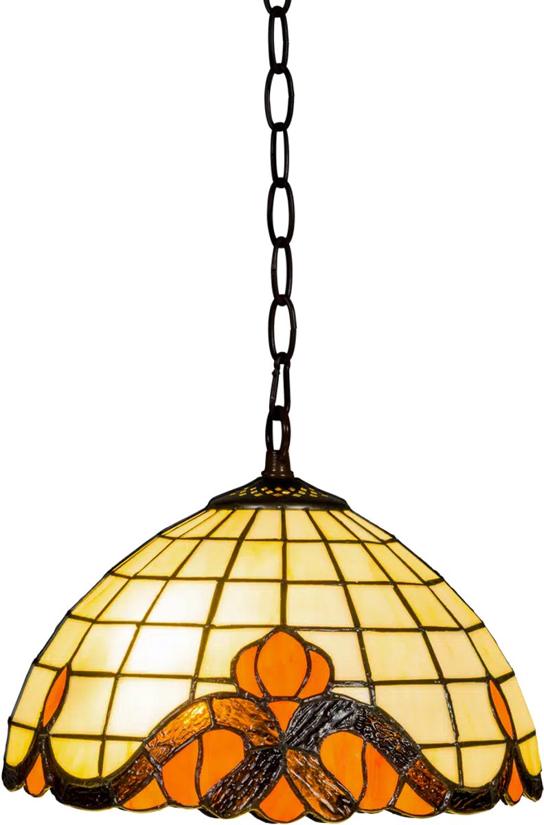 Tiffany hanglamp - Crème-oranjetinten - Ø 30 cm - Glas in lood - Warm licht - Inclusief ketting en plafondplaat - Pendellamp | RORUVERA
