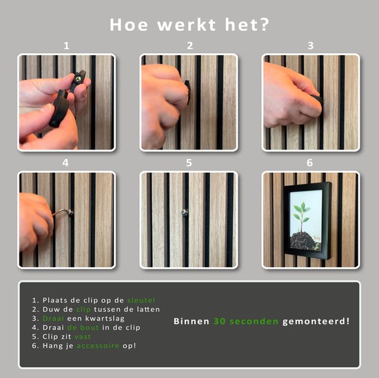 Stappenplan voor het monteren van een accessoire op een lattenwand met clip en bout.
