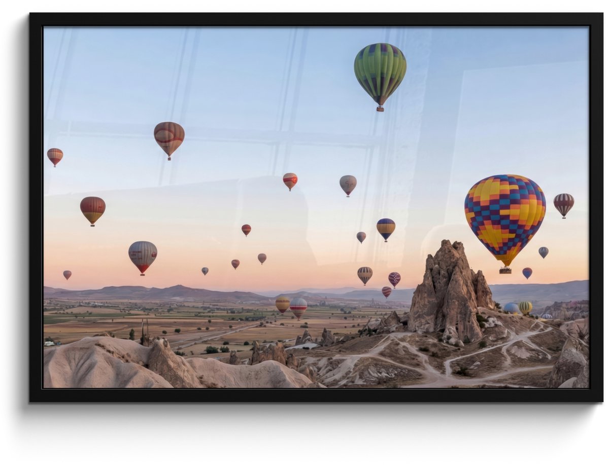 FrameYourWall Poster in lijst - Fotolijst 90x60 cm - Posters - Luchtballonnen - Rotsen - Zonsopgang - Posterlijst zwart - Decoratie - Wanddecoratie woonkamer - Muurdecoratie slaapkamer