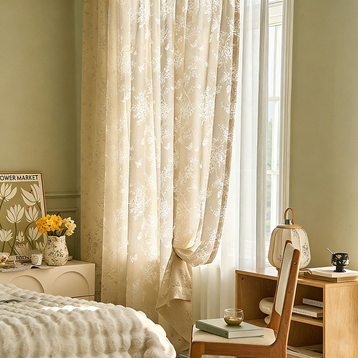 Floraweg: vintage Franse vitrage met vlindermotief, een halfdoorzichtige witte vitrage geschikt voor slaapkamers, woonkamers en erkerramen. 