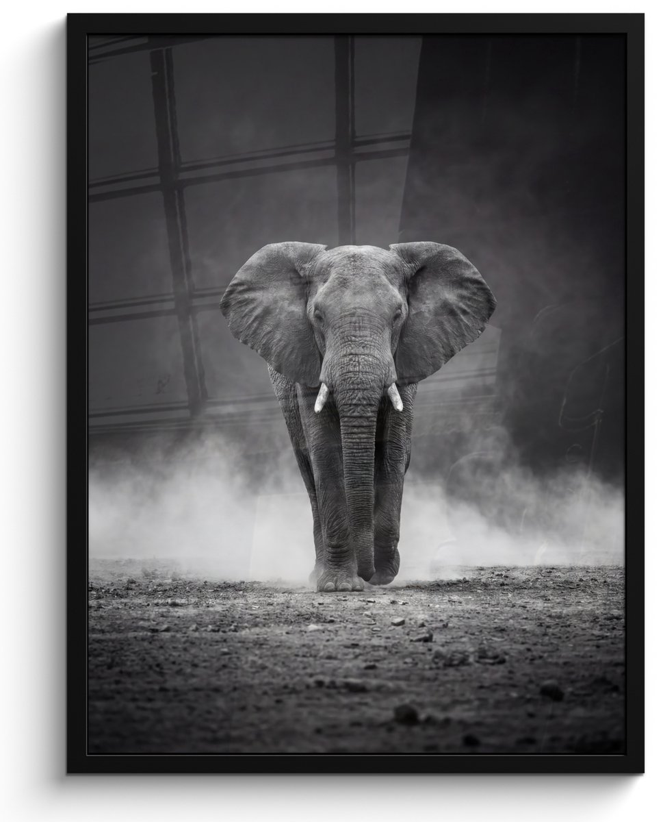 FrameYourWall Poster in lijst - Fotolijst 60x80 cm - Posters - Olifant - Zwart - Wit - Rook - Posterlijst zwart - Decoratie - Wanddecoratie woonkamer - Muurdecoratie slaapkamer