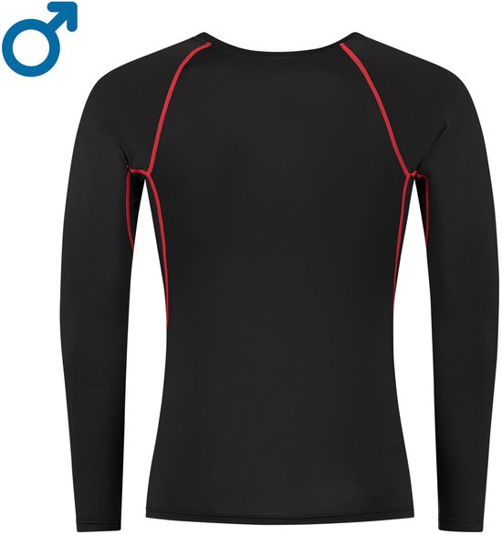 Dos d'un t-shirt de sport noir à manches longues, coutures rouges et symbole masculin.