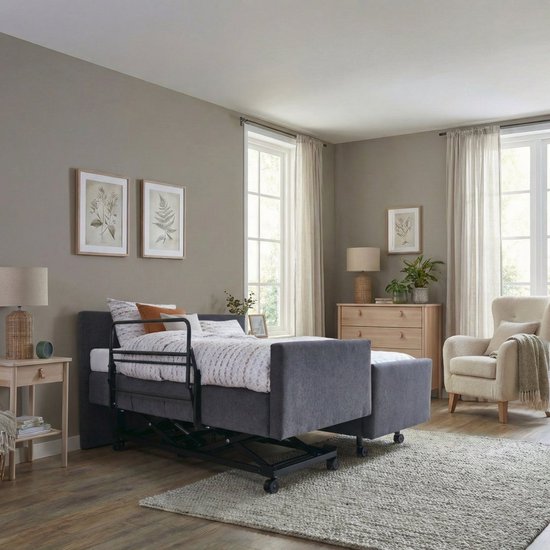 Lit électrique réglable avec cadre en tissu anthracite, dossier et repose-pieds réglables.