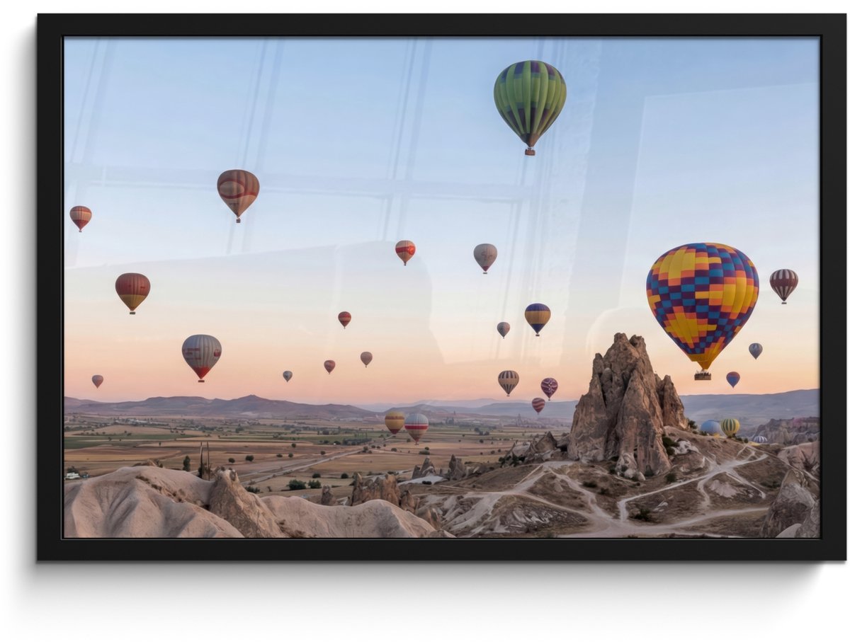 FrameYourWall Poster in lijst - Fotolijst 60x40 cm - Posters - Luchtballonnen - Rotsen - Zonsopgang - Posterlijst zwart - Decoratie - Wanddecoratie woonkamer - Muurdecoratie slaapkamer