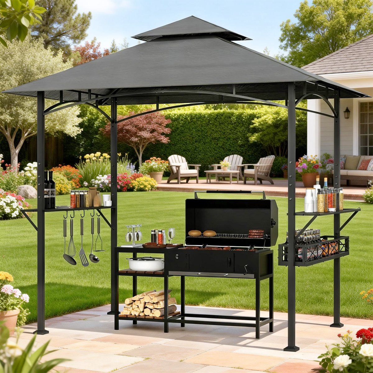 Soontrans-Barbecue-Overkapping met Metalen Mand-Zijplanken&Haken-BBQ-Overkapping-Dubbel Dak-Barbecuepaviljoen-Duurzaam Stalen Frame-Grillpaviljoen-Weerbestendig Tuinpaviljoen voor Barbecue tent-UV-Bescherming-Grilloverkapping voor Terras, Achtertuin