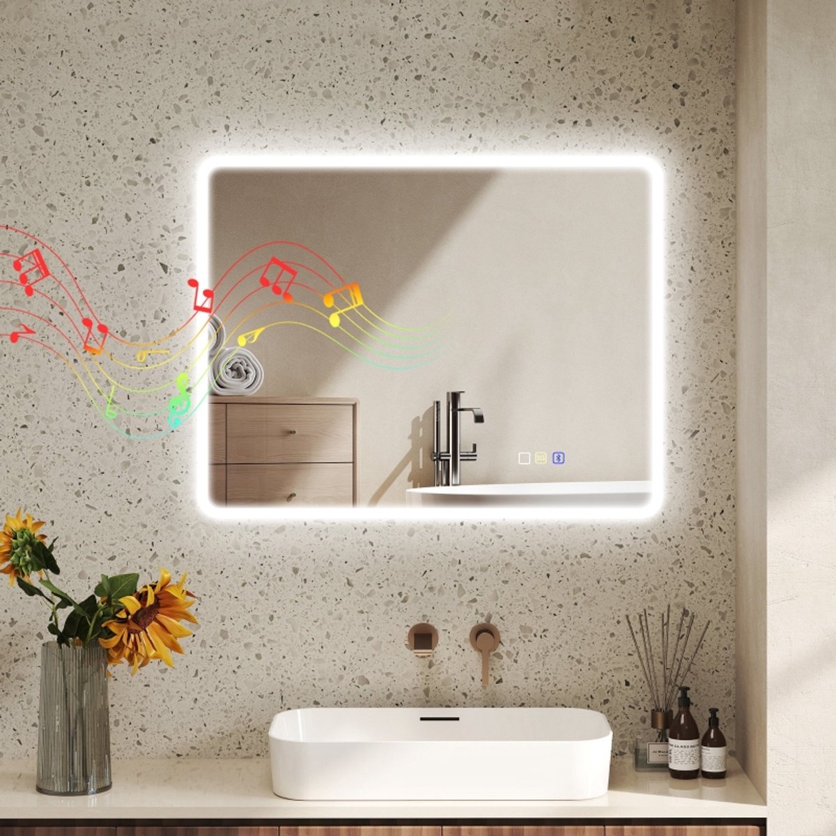 Wishdor - Badkamerspiegel - Met Led En Bluetooth - Anti-Condens - Voor De Badkamer - Gehard Glas - Zilver