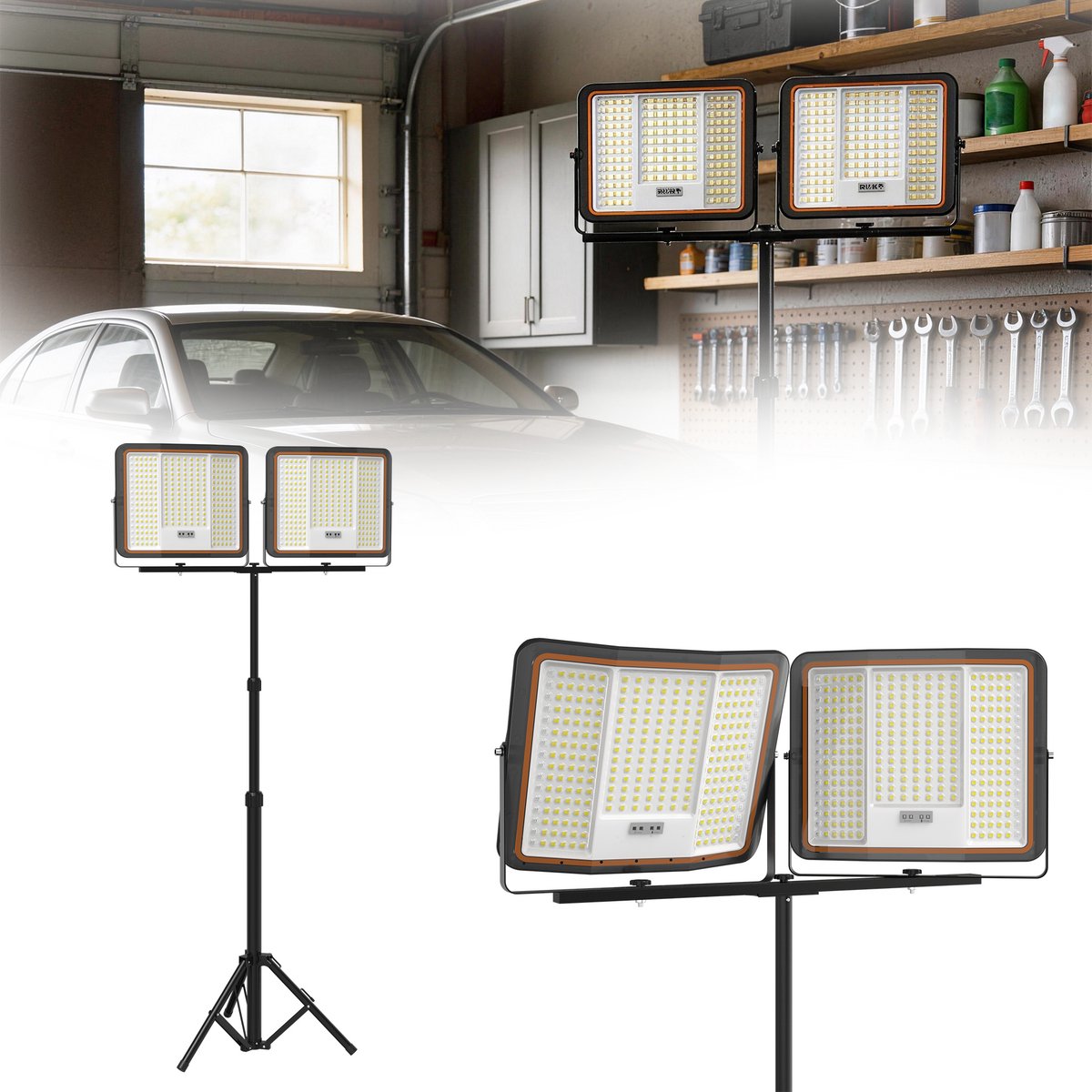2x300W LED Bouwlamp Accu - Met Statief & 2M Type-C Kabel - 360° Draaibaar - 3 Lichtstanden - Hoogte Verstelbaar 116-182cm - Koudwit - IP66 Waterdicht - Voor Garage, Werkplaats En Bouwplaats - NAIZY