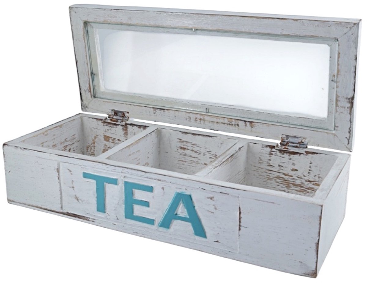 Houten theedoos wit TEA turq 3 vaks
