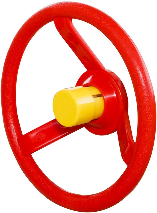 Rood speelgoedstuur met gele toeterknop in het midden.