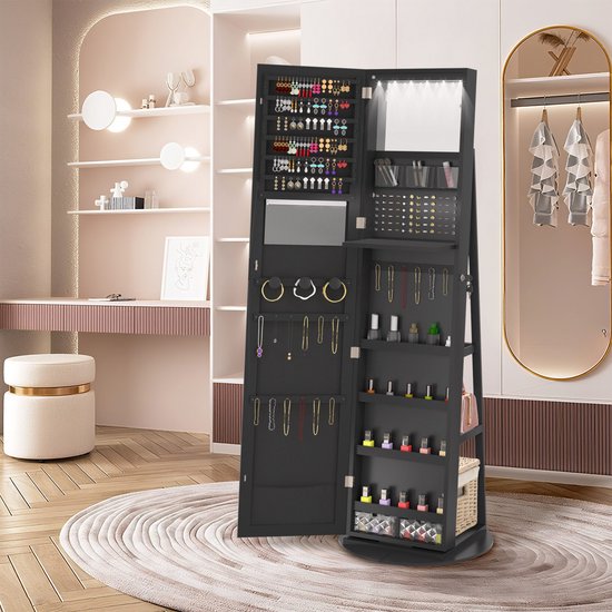 Zwarte sieradenkast met spiegel, LED-verlichting, veel opbergvakken voor sieraden en make-up, draaibaar.