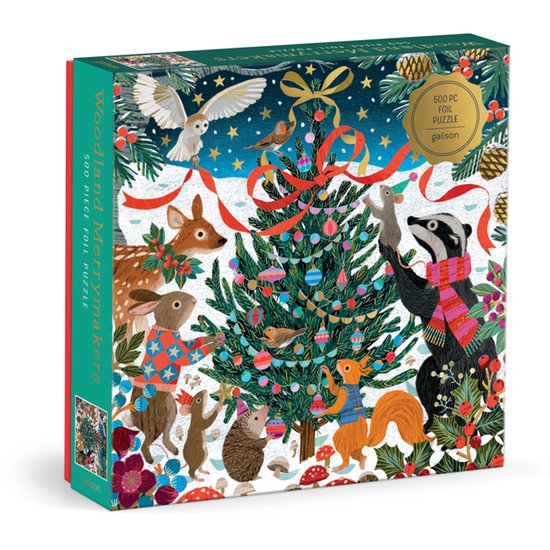 500-delige puzzel met folie 'Woodland Merrymakers'. Een bos tafereel met dieren rond een kerstboom, met het Galison logo.