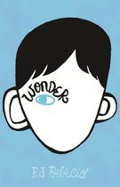 Boekomslag van Wonder door R.J. Palacio met een gestileerde tekening van een gezicht en één oog op een blauwe achtergrond.