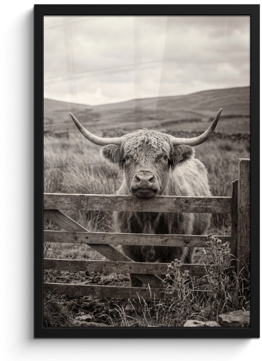 FrameYourWall Poster in lijst - Fotolijst 40x60 cm - Posters - Schotse hooglander - Zwart - Wit - Hout - Posterlijst zwart - Decoratie - Wanddecoratie woonkamer - Muurdecoratie slaapkamer
