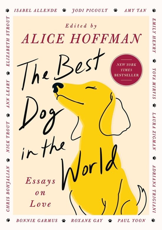 Livre 'The Best Dog in the World' avec un chien jaune et le texte 'Essays on Love'. New York Times Bestseller.