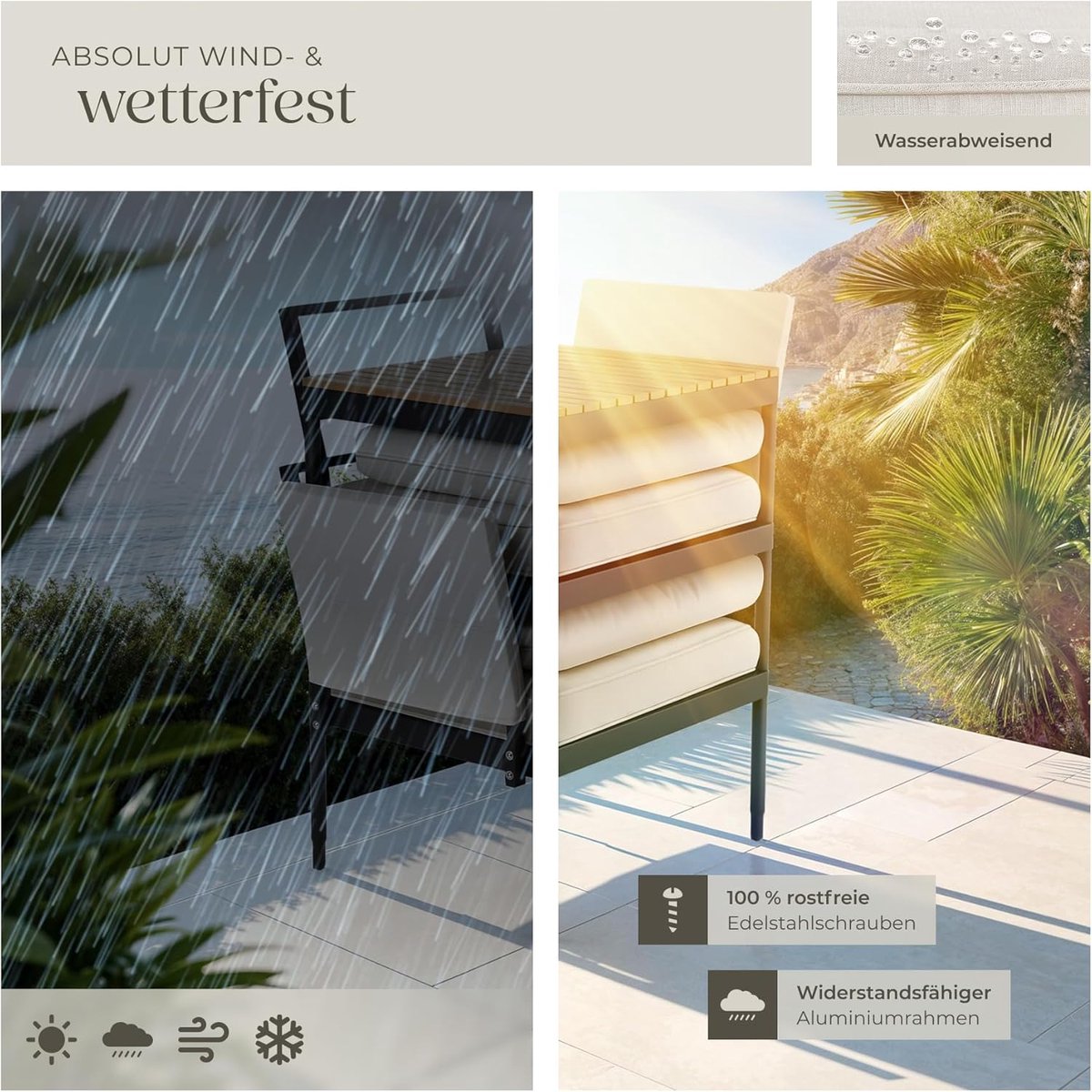 Tuinmeubelset 5-delig 226x68x75 cm – Aluminium Loungeset met Verstelbare Rugleuningen, Dikke Waterafstotende Kussens & Tafel in Houtlook – Balkonset / Terrasset Antraciet Grijs – Laura