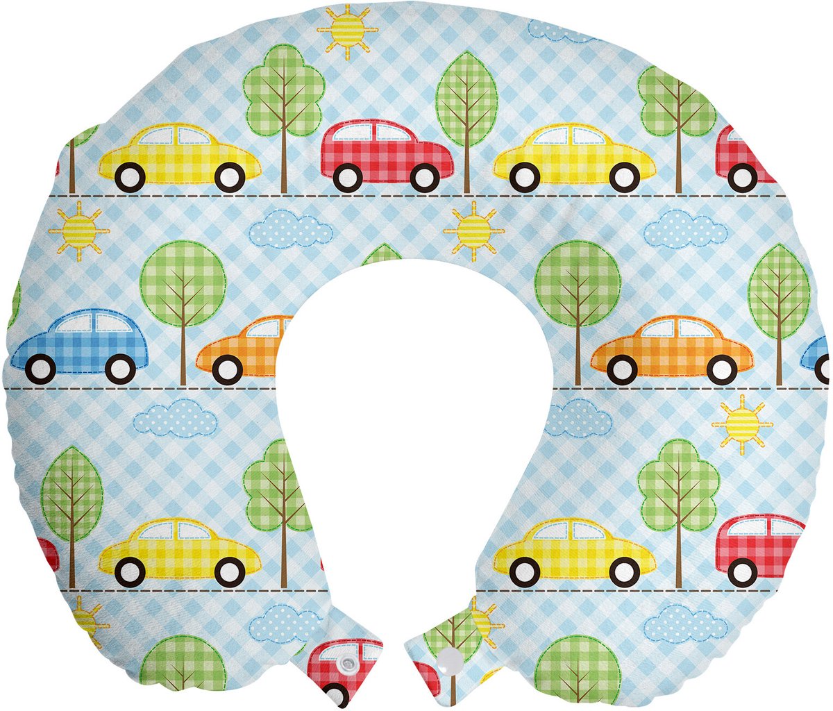 ABAKUHAUS Baby Reiskussen met Neksteun, Geruite Auto's en Bomen, Schuimrubber Reisaccessoire voor Vliegtuig en Auto, 30x30 cm, Meerkleurig