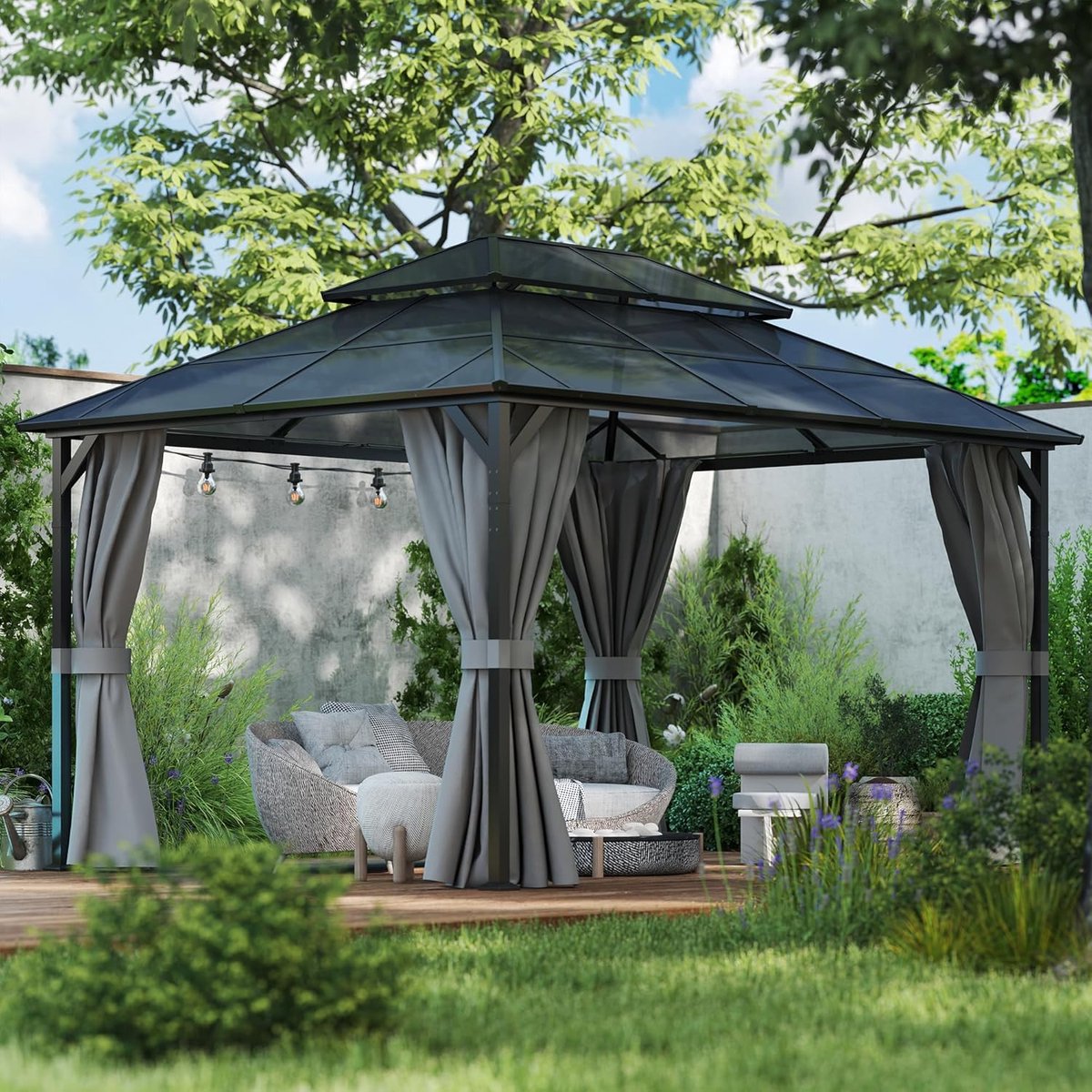 Tuinpaviljoen 3x4m Hardtop Aluminium met Polycarbonaat Dak – Waterdicht UV99% Dubbel Dak met Zijpanelen – Luxe Overkapping Terras Grijs | Laura