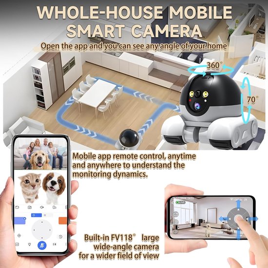 Robot Huisdier Camera - 1080p Mobiele Binnenbeveiliging - 2.4GHz WiFi - Tweerichtingsaudio - 360° Bewegingsdetectie - Met 32GB SD Kaart - 5200mAh Batterij - Kleurnachtzicht - Voor Katten en Honden van Merkloos — afbeelding 3