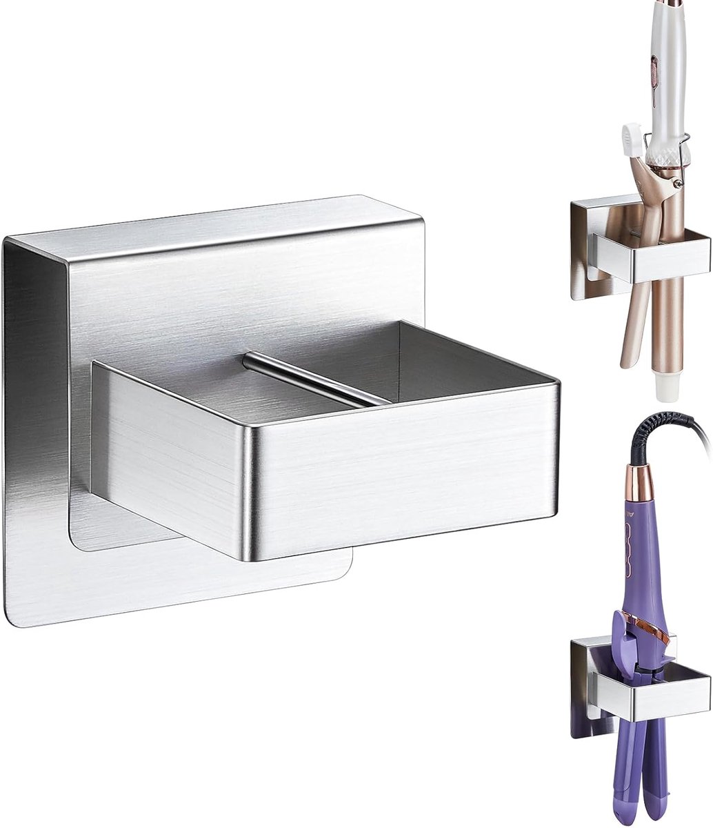 Stijltang Houder - Haarstyling Opberger - Badkamer Organisatie - Zonder Boren Montage - 9x9.5x9cm - Zilver