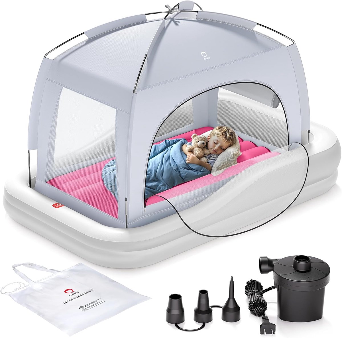 Opblaasbaar Reisbed - Kinderbed - Logeerpartijtjes - Inclusief Draagtas - 170 x 134 cm - Grijs Rood