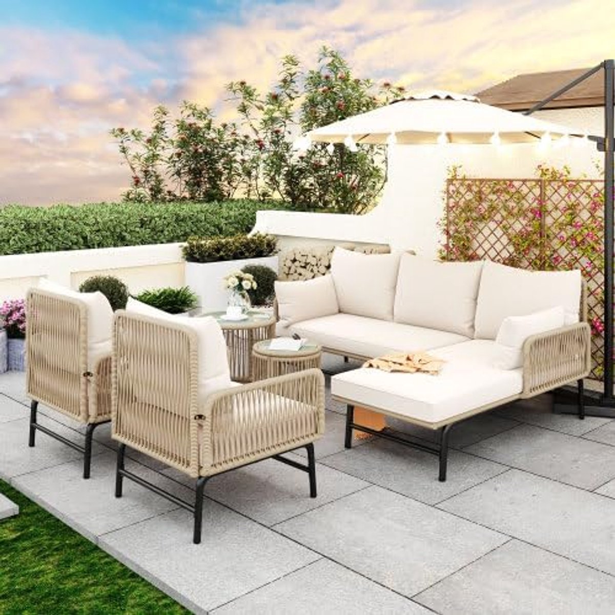 Rotan Loungeset 6-delig 187x124x78 cm Beige – Modulaire Tuinset met 2 Tweezitsbanken, 2 Fauteuils & 2 Glazen Tafels, 8 cm Dikke Kussens, Handgeweven, Weerbestendig & Comfortabel – Laura