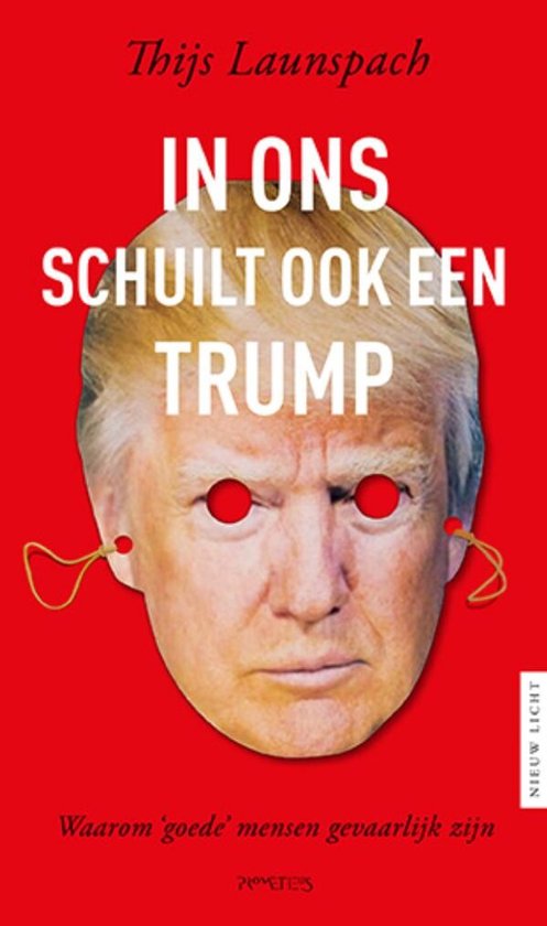 Boekomslag met close-up van Donald Trump, met rode cirkels op zijn ogen en gele oordopjes.