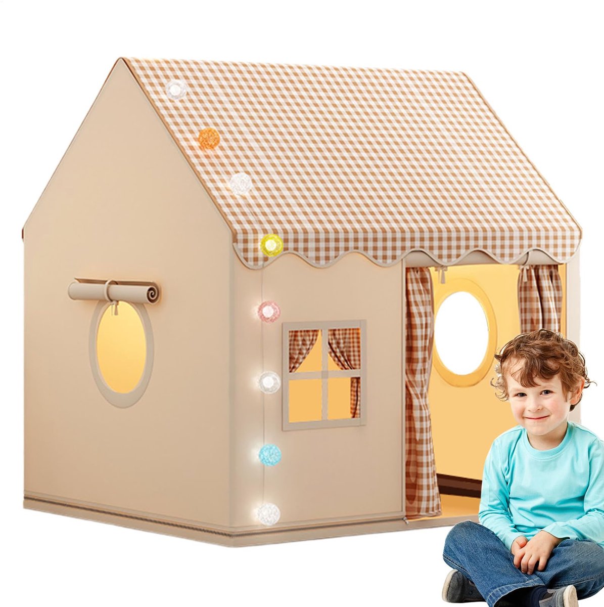 Speeltent voor Binnen - Kinderspeelhuisje voor Binnen - Bedtent, Prinsessentent met Ramen - Kinderspeelhuisje, Gezellige Hoekdecoratie voor de Kinderkamer (Khaki)