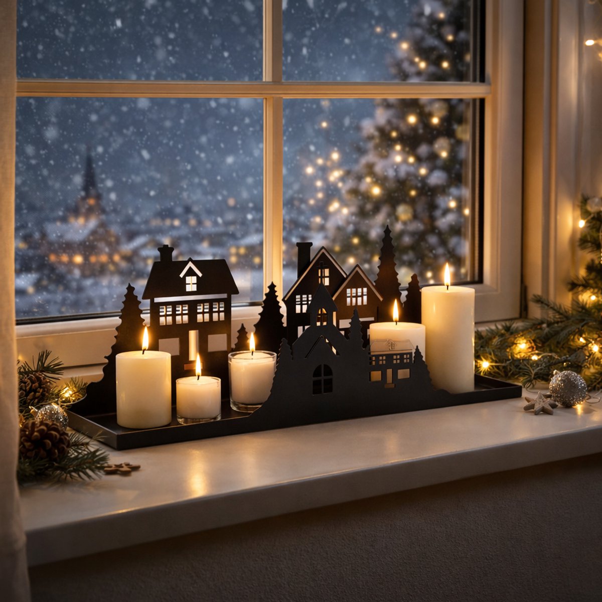 Plateau Kaarsenhouder Kerst Zwart – Metalen Kerstdecoratie met Dorpssilhouet – 40 x 9 x 14 cm – Plateau voor Kaarsen en Waxinelichtjes – foto 5