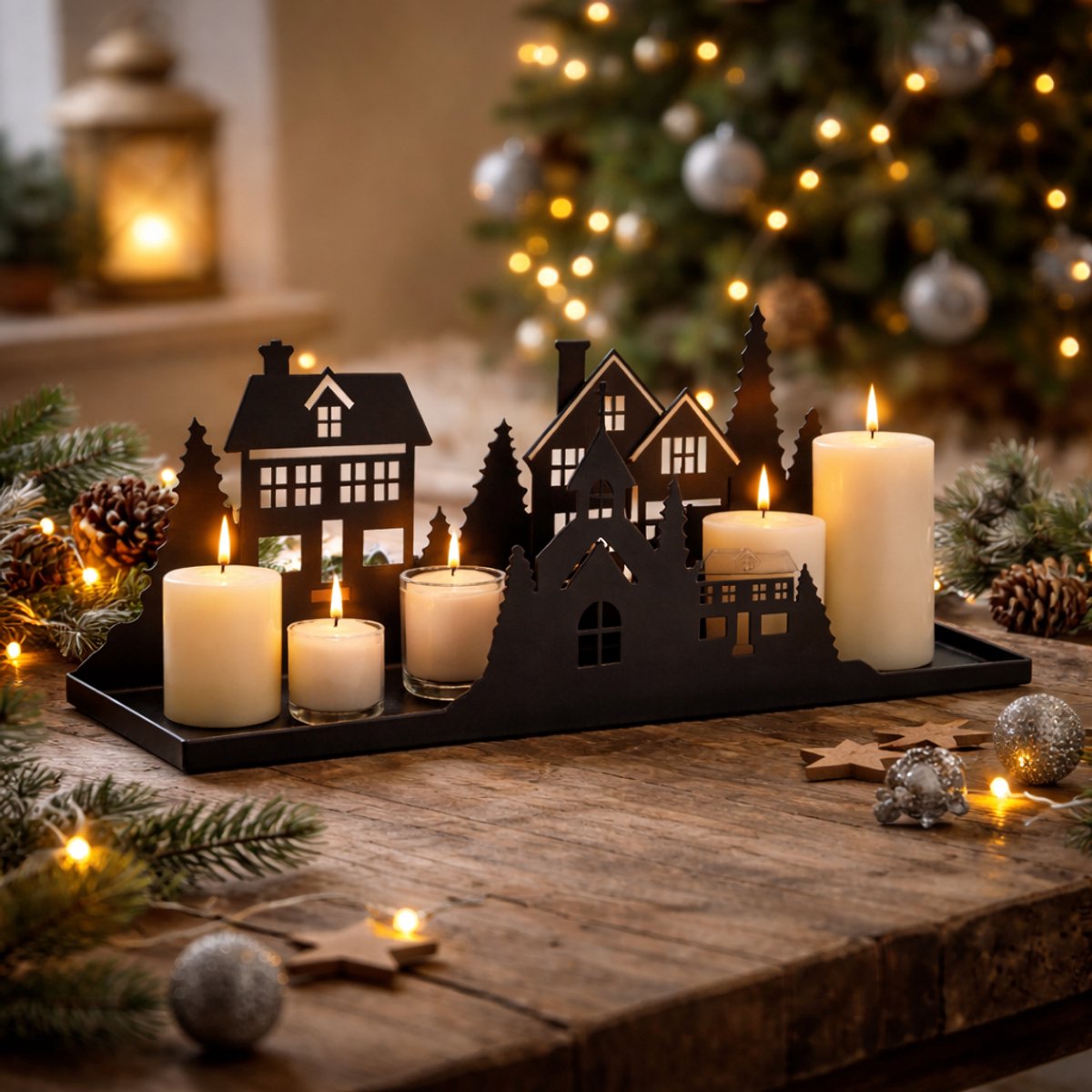 Plateau Kaarsenhouder Kerst Zwart – Metalen Kerstdecoratie met Dorpssilhouet – 40 x 9 x 14 cm – Plateau voor Kaarsen en Waxinelichtjes – foto 4