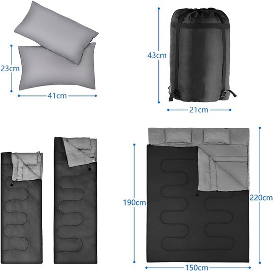 KOMFOTTEU tweepersoonsslaapzak met 2 kussens - 220x150cm campingslaapzak - slaapzak voor 2 personen - 0 - 15 °C - dekenslaapzak - 2 gebruikswijzen van Merkloos — afbeelding 2