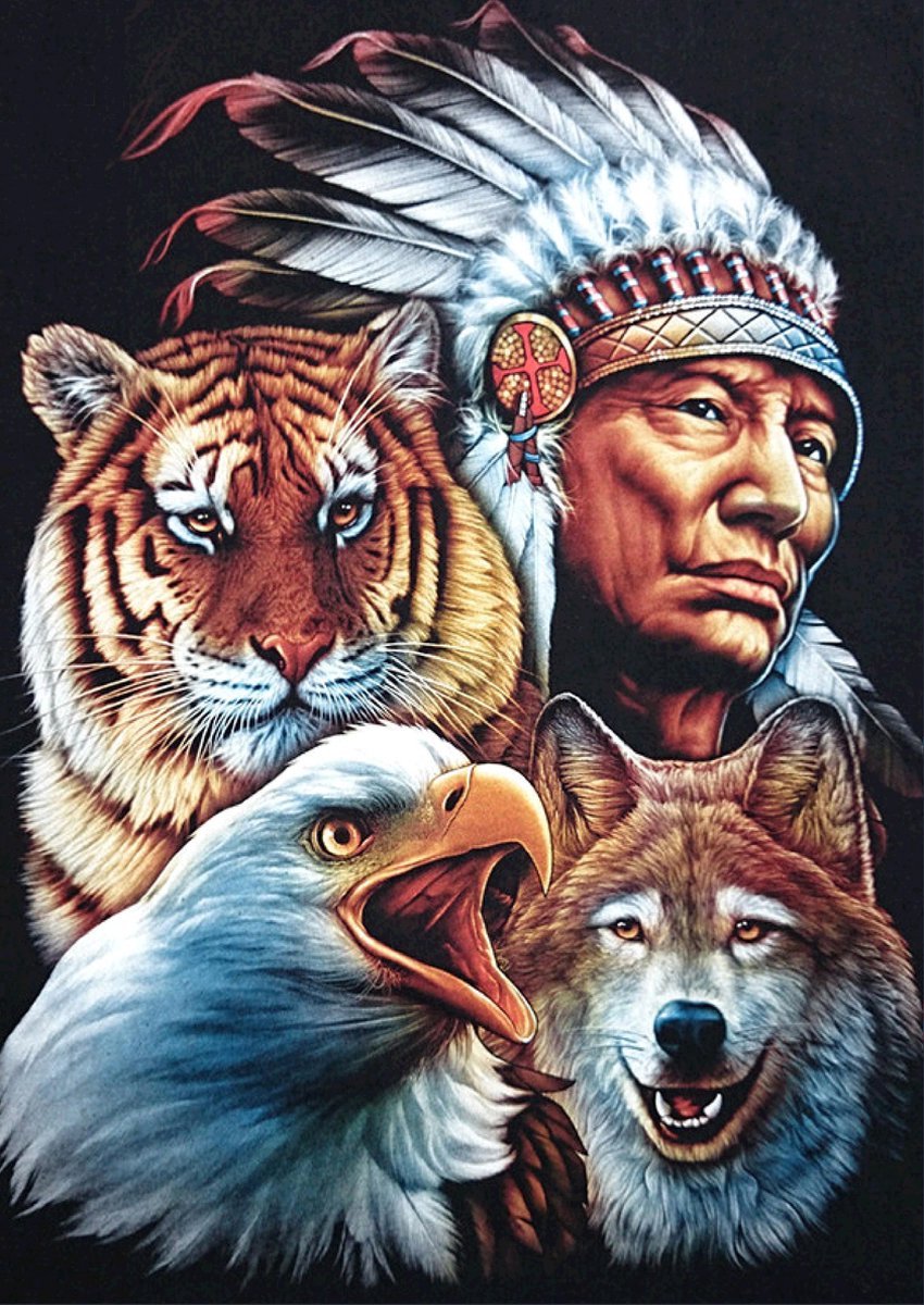 TOPMO - Opperhoofd met tijger, wolf en adelaar- HQ Diamond Painting pakket - VOLLEDIG dekkend - Diamant Schilderen - voor Volwassenen – ROND- 40X50CM