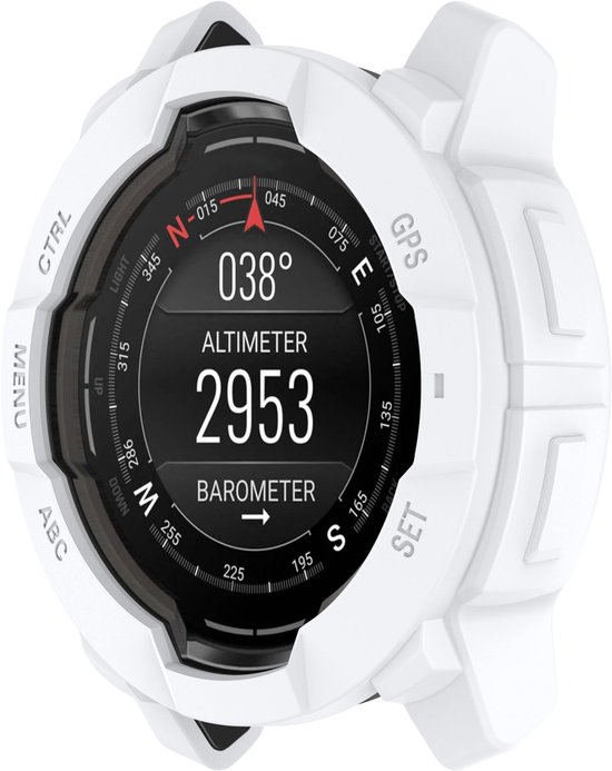 Wit Garmin Instinct 3 (50mm) smartwatch met 'CTRL', 'MENU', 'ABC', 'GPS', 'SET' knoppen, toont de altimeter en barometer.