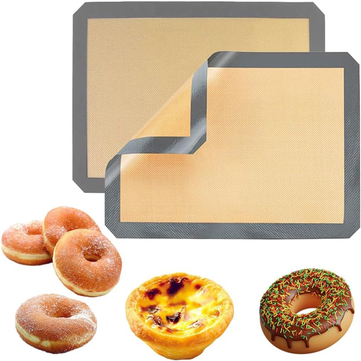 Siliconen bakmat - Siliconen bakonderlegger - Bakmat - Rechthoekige bakmat - Antiaanbaklaag - Hittebestendig - Herbruikbaar - Vaatwasmachinebestendig - 42 x 29 cm - Grijs - 2 stuks