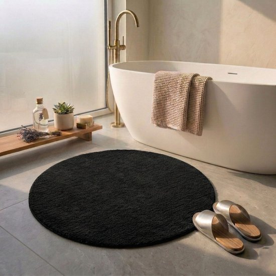 FLOORDIREKT Sky Badmat - Ronde Baddeken - Dichte, Pluizige Feel-Good Factor voor je huis - Antislip & Wasbare - Getest op Schadelijke Stoffen - Diameter : 95 cm - Zwart