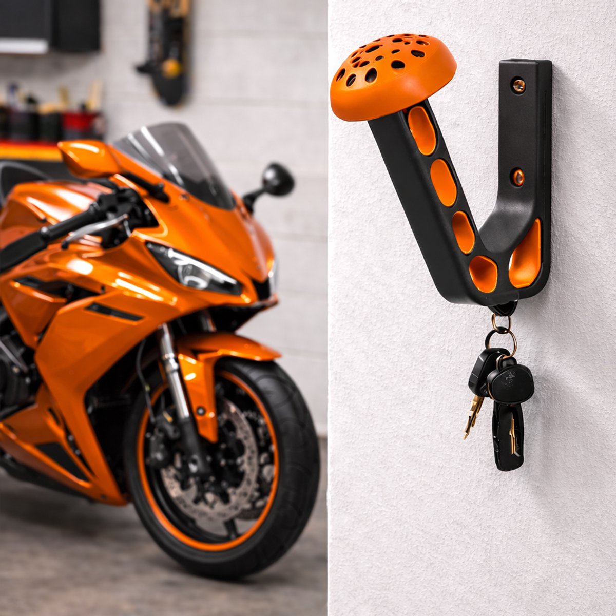 Motor helm houder inclusief haakje voor sleutels – Oranje – helmhouder – helm kapstok - wandmontage