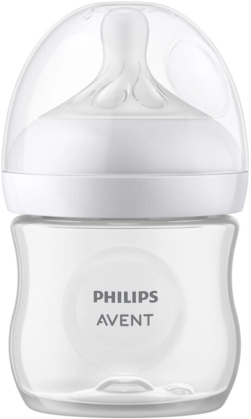 Philips Avent babyfles van 125 ml, zonder vloeistof, met witte speen en transparante dop.