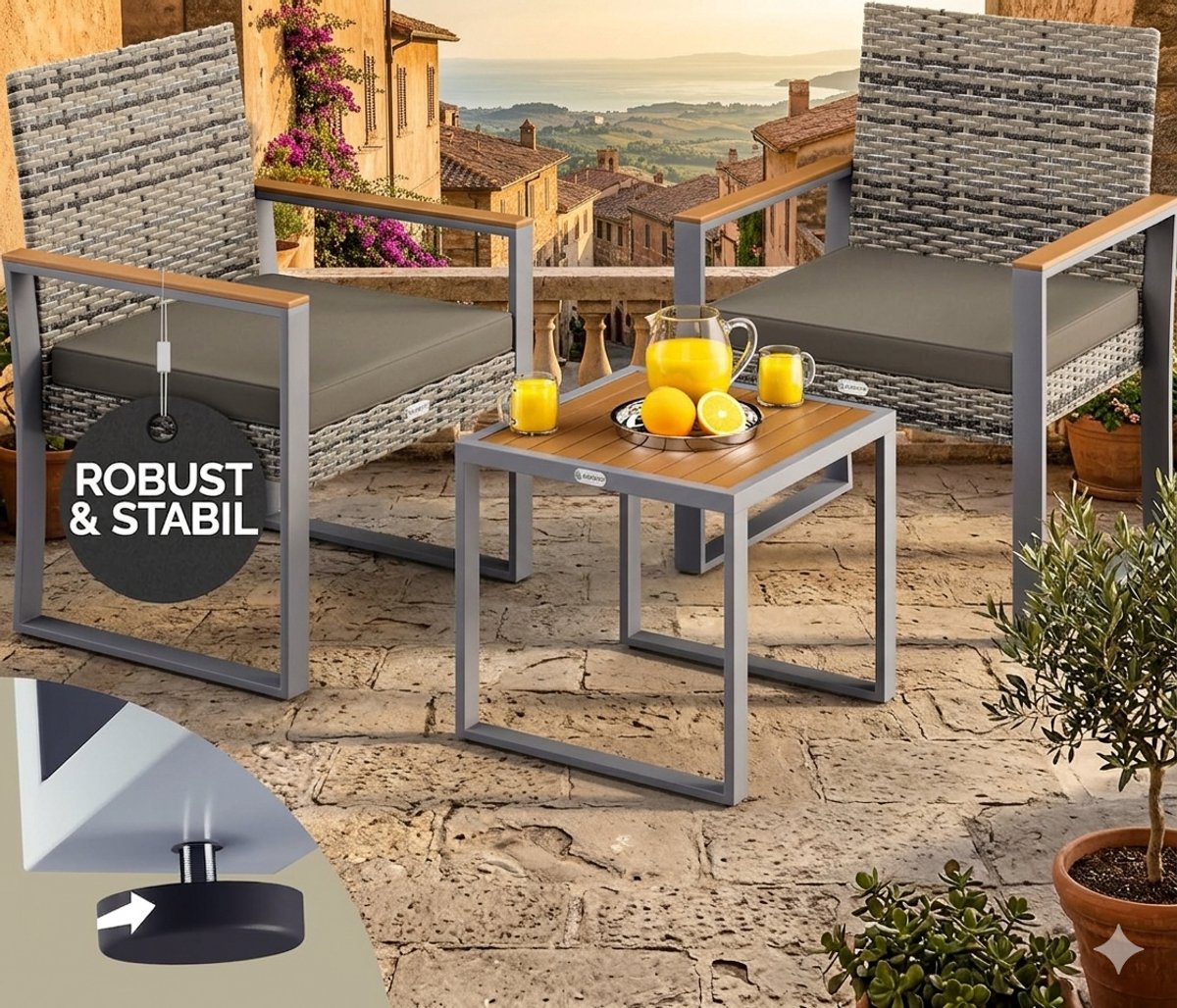 Luxe Sevilla Loungeset voor Balkon en Terras – 3-Delige Polyrattan Tuinset met Massief Acaciahout – Inclusief Comfortabele Zitkussens & Verstelbare Poten – Weerbestendig & 160 kg Draagvermogen – Antraciet/Grijs